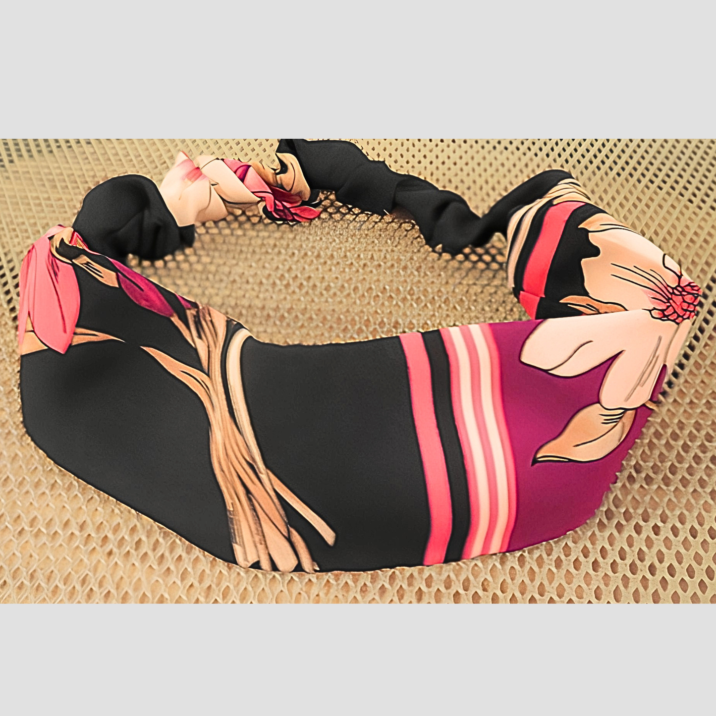 Women's Black Pink Floral Stripe Chiffon Scarf & Headband Set | Magenta Bloom Border Print | One Size Fits All Glamour Accessory Set