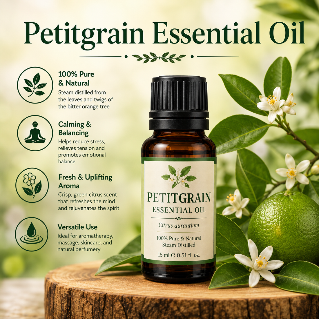Petitgrain essential oil bottle with fresh bitter orange leaves and twigs showcasing its green citrus aroma, natural aromatic compounds, aromatherapy applications, and wellness-supporting benefits.