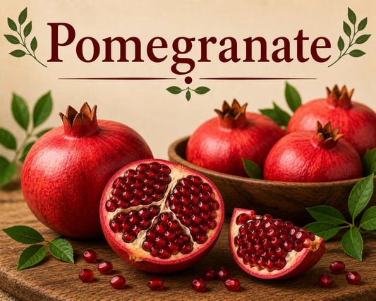 Fresh pomegranate with vibrant red arils showcasing its antioxidants, fiber, vitamins, minerals, and wellness-supporting nutritional benefits.