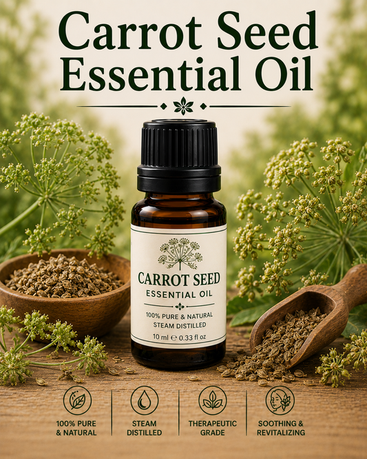 Carrot seed essential oil bottle with carrot flowers and seeds showcasing its earthy aroma, natural aromatic compounds, skincare applications, and wellness-supporting benefits
