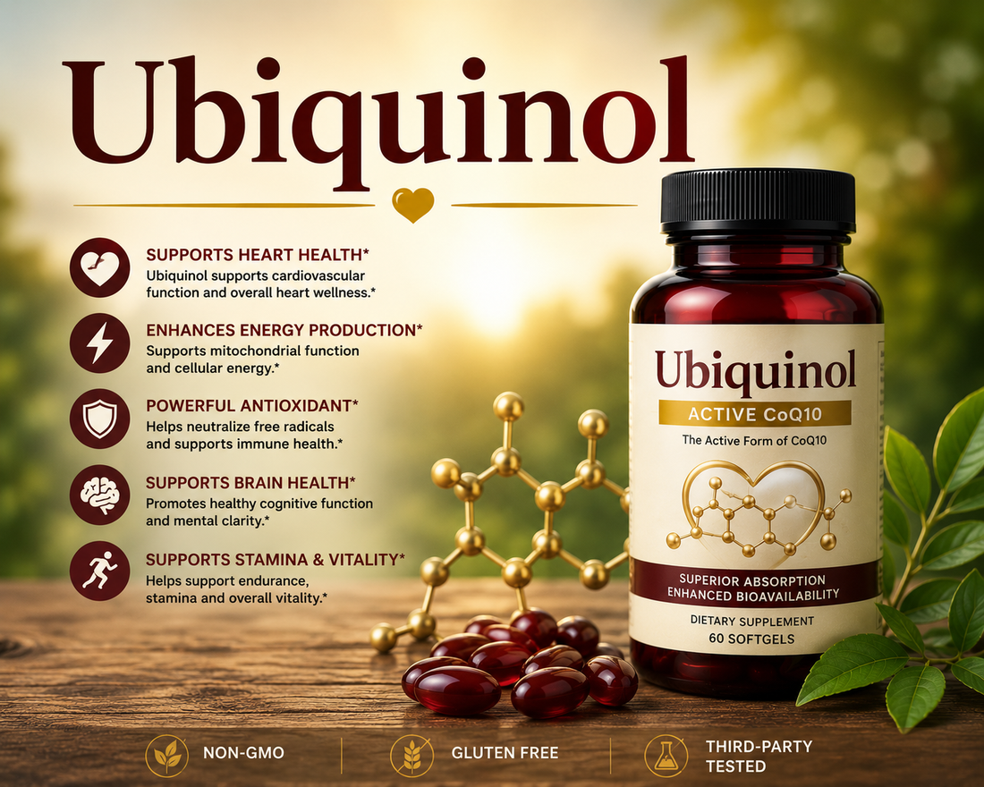 Ubiquinol supplement softgels supporting heart health, energy production, antioxidant protection, and healthy aging.
