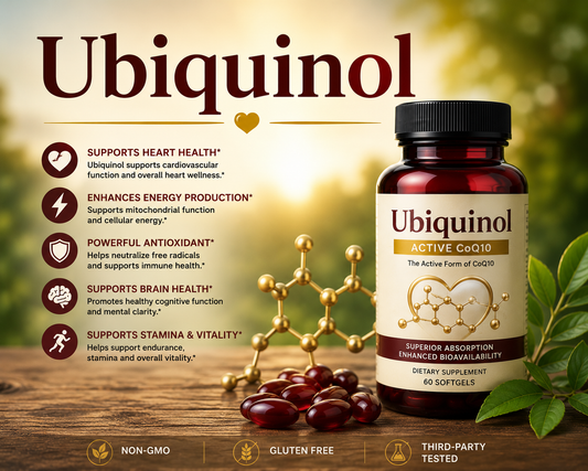 Ubiquinol supplement softgels supporting heart health, energy production, antioxidant protection, and healthy aging.