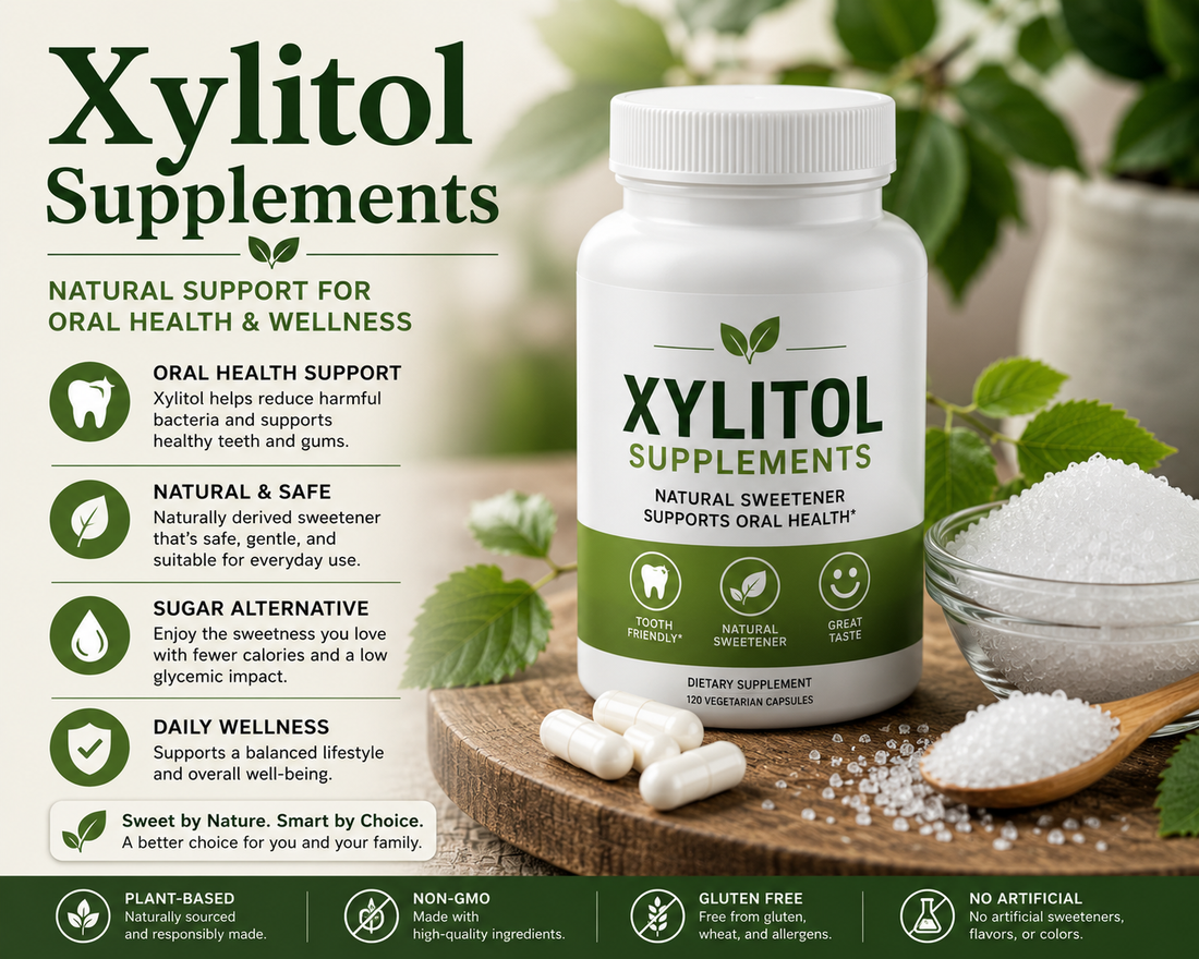 Xylitol sweetener crystals and sugar-free gum supporting dental wellness, reduced sugar intake, and healthy lifestyle goals.