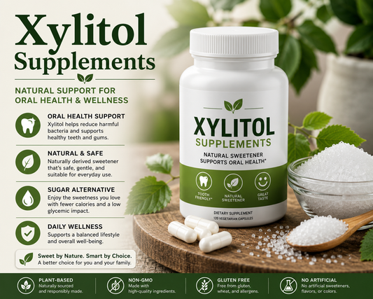 Xylitol sweetener crystals and sugar-free gum supporting dental wellness, reduced sugar intake, and healthy lifestyle goals.