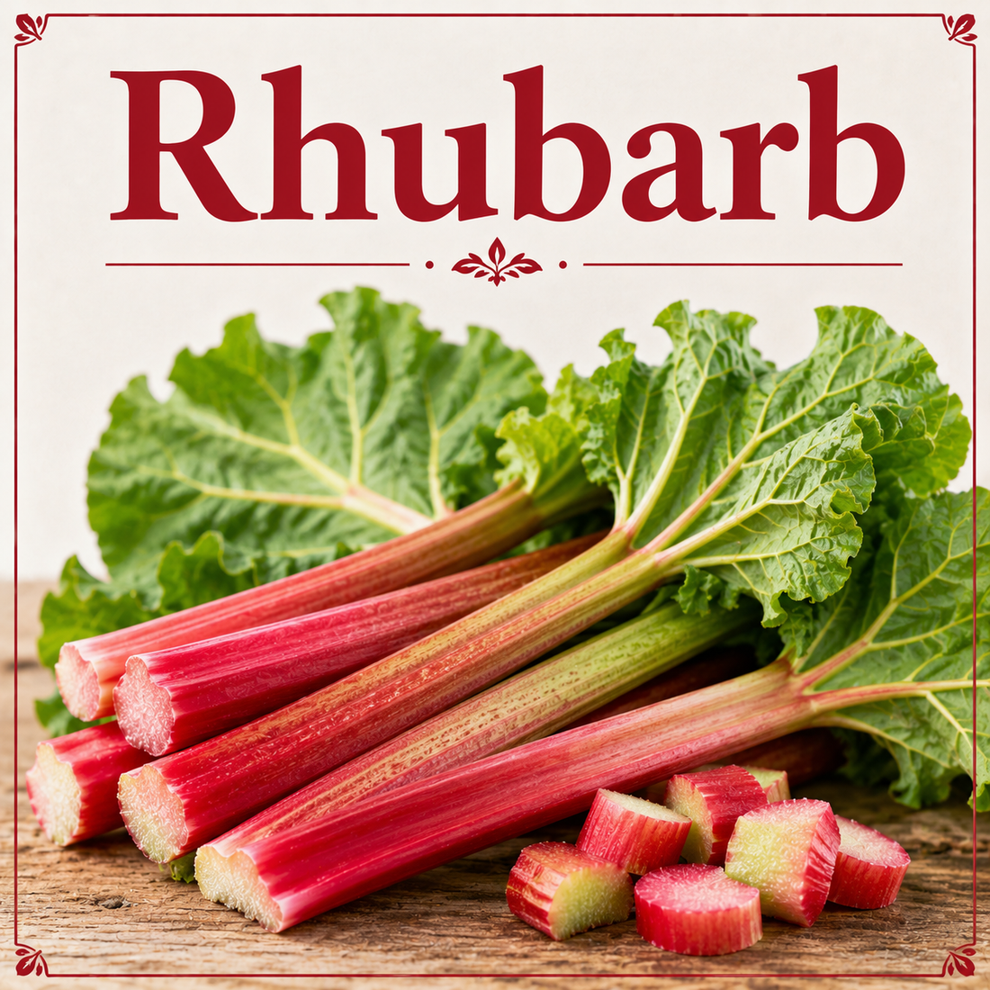 Fresh rhubarb stalks showcasing their fiber, antioxidants, vitamins, minerals, tart flavor, and wellness-supporting nutritional benefits.