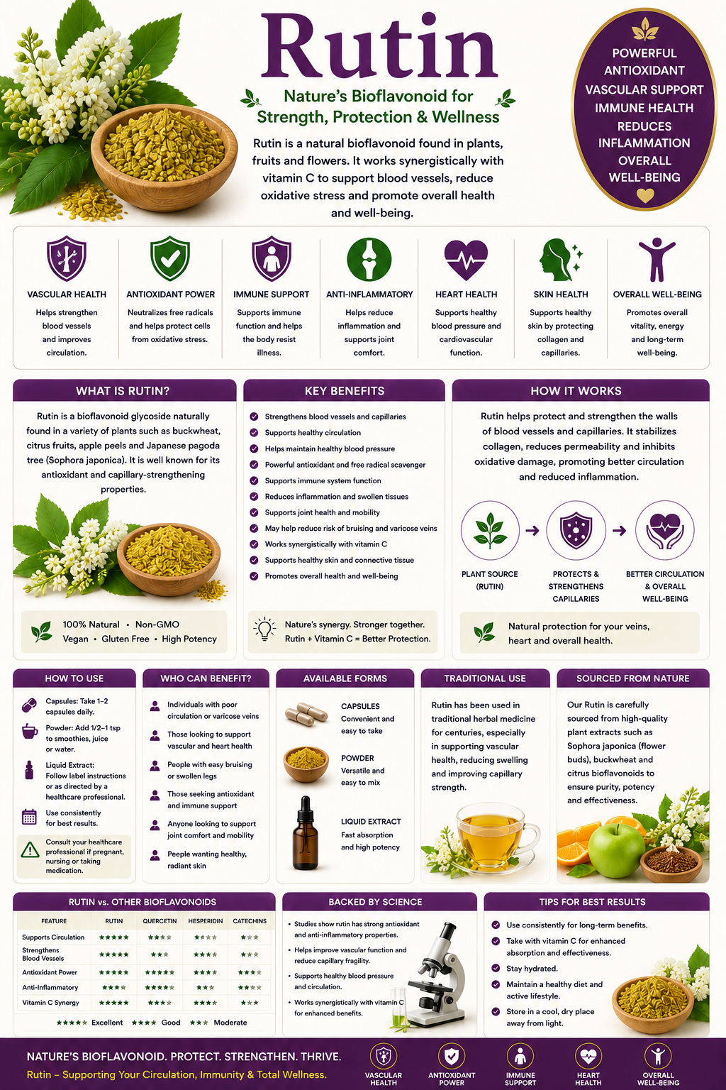 Rutin supplement capsules with buckwheat, citrus fruits, apples, and asparagus supporting circulation, vascular health, and antioxidant protection.