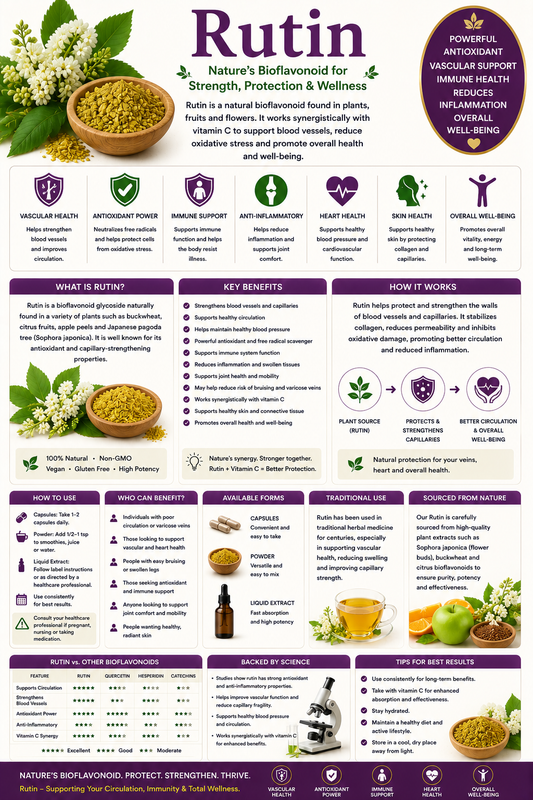 Rutin supplement capsules with buckwheat, citrus fruits, apples, and asparagus supporting circulation, vascular health, and antioxidant protection.