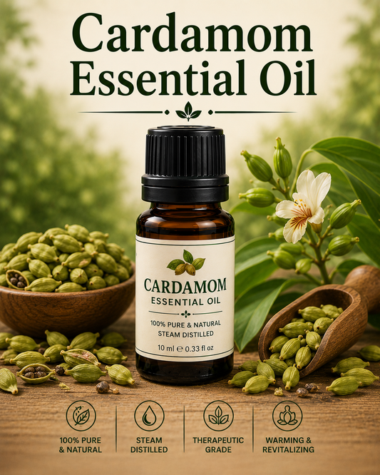 Cardamom essential oil bottle with green cardamom pods showcasing its sweet spicy aroma, natural aromatic compounds, aromatherapy applications, and wellness-supporting benefits.