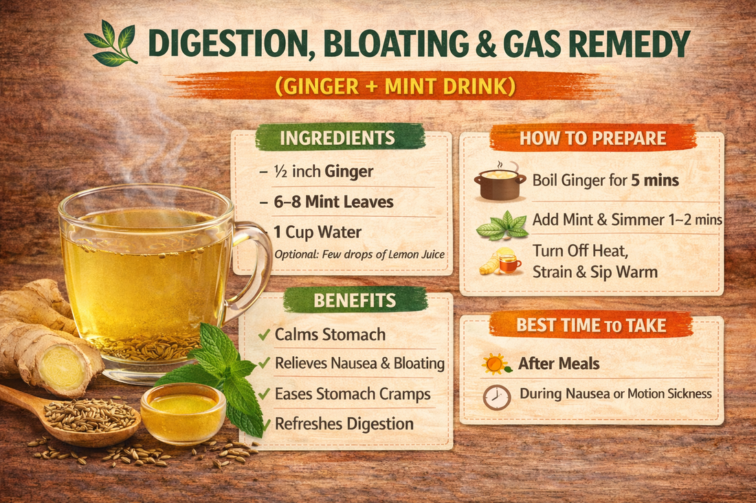 DIGESTION, BLOATING & GAS REMEDY (GINGER + MINT DRINK)