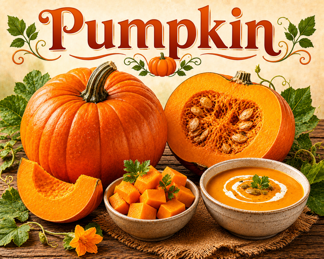 Fresh pumpkin showcasing its vitamin A, fiber, antioxidants, carotenoids, minerals, and wellness-supporting nutritional benefits.