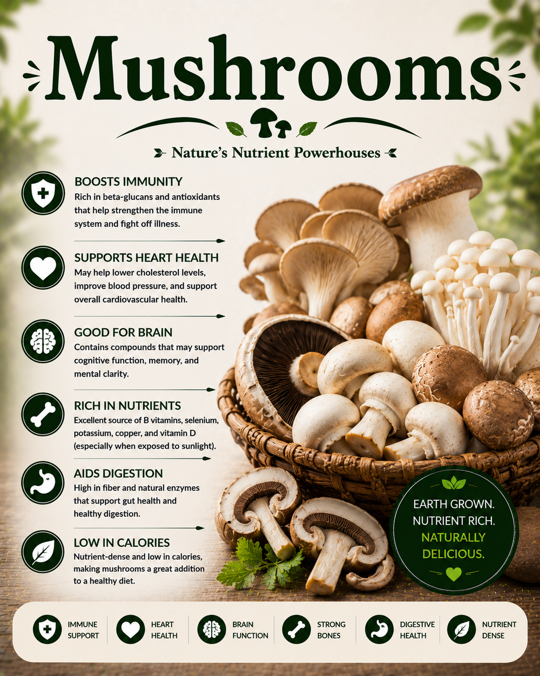Fresh edible mushrooms showcasing their vitamins, minerals, antioxidants, fiber, beta-glucans, and wellness-supporting nutritional benefits.