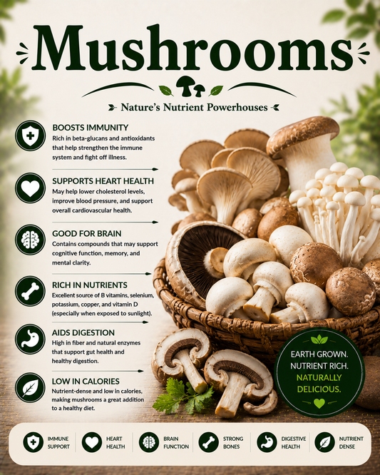 Fresh edible mushrooms showcasing their vitamins, minerals, antioxidants, fiber, beta-glucans, and wellness-supporting nutritional benefits.