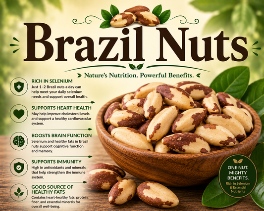 Brazil nuts in a wooden bowl highlighting their selenium content, healthy fats, protein, antioxidants, and wellness-supporting nutritional benefits.