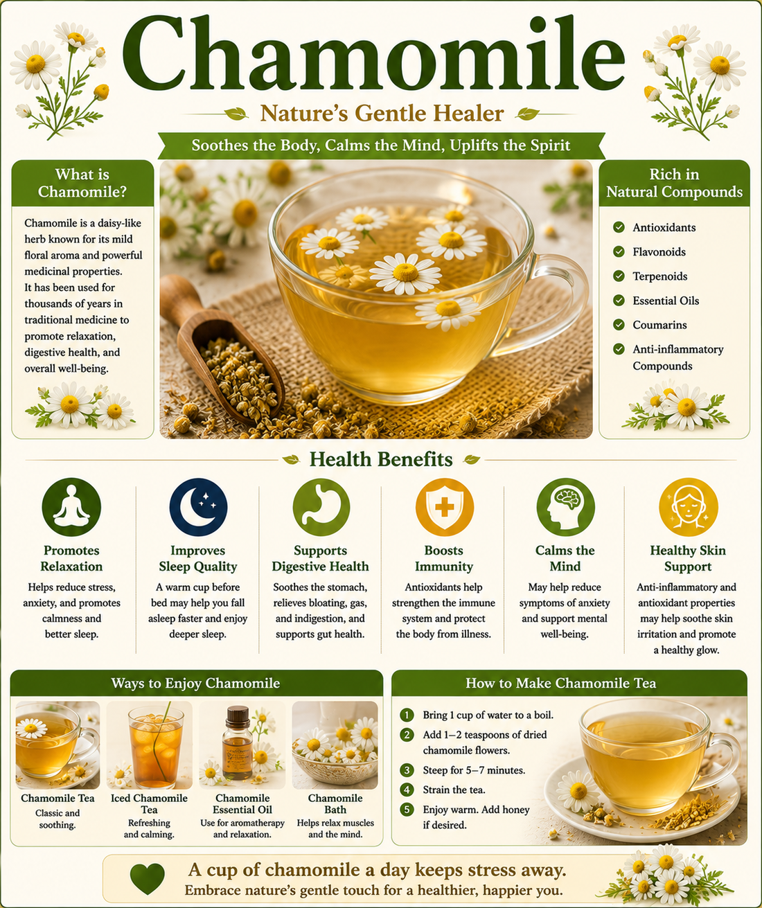 Fresh and dried chamomile flowers with a cup of chamomile tea, highlighting their antioxidants, calming properties, caffeine-free nature, and traditional wellness benefits.