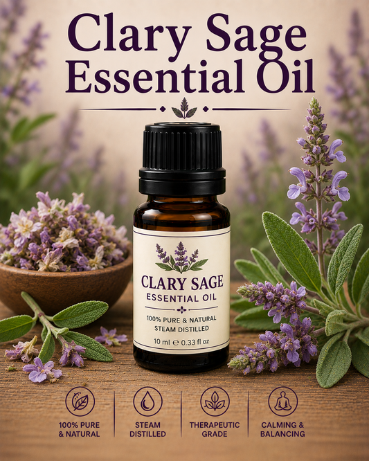 Clary sage essential oil bottle with flowering clary sage plants showcasing its sweet herbaceous aroma, natural aromatic compounds, aromatherapy applications, and wellness-supporting benefits.