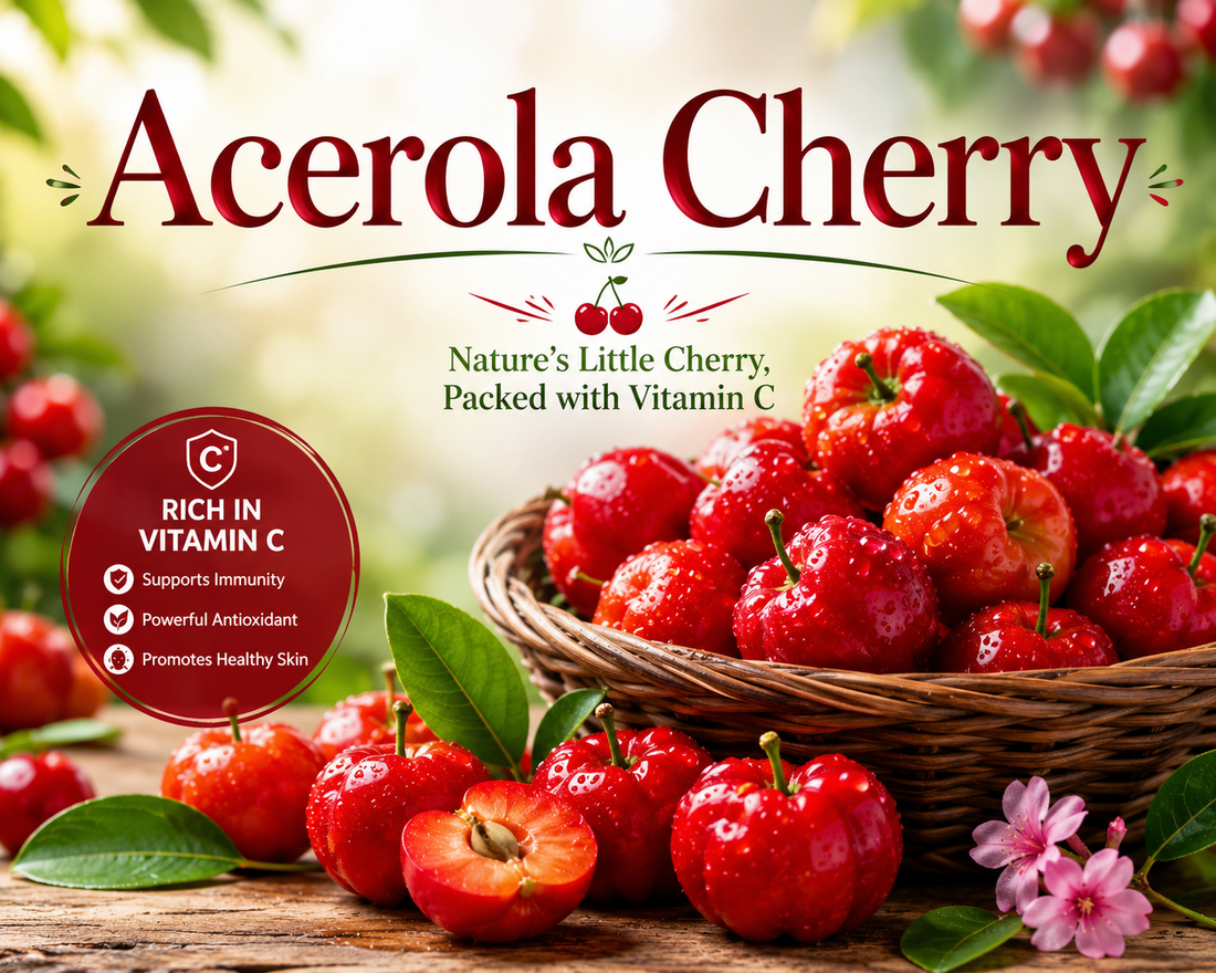 Fresh acerola cherries on a branch with ripe red fruit highlighting their vitamin C content, antioxidant properties, and wellness benefits.