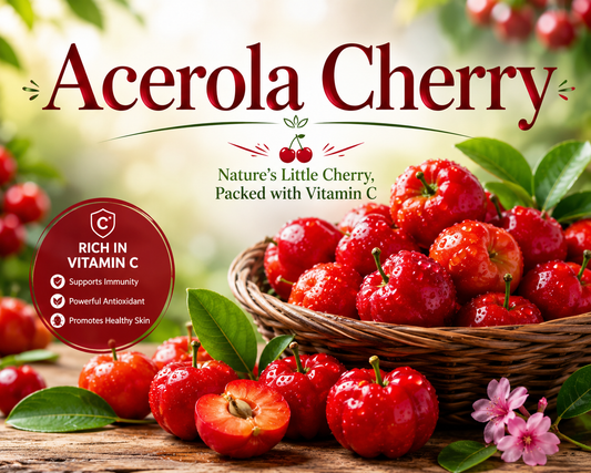 Fresh acerola cherries on a branch with ripe red fruit highlighting their vitamin C content, antioxidant properties, and wellness benefits.