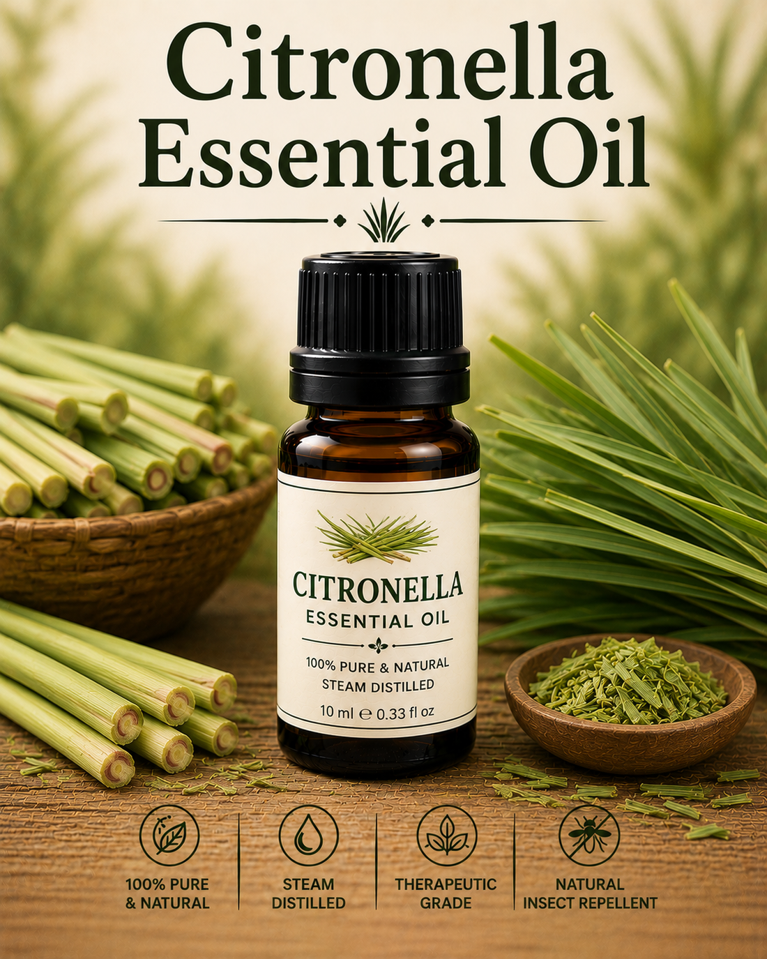 Citronella essential oil bottle with fresh citronella grass showcasing its crisp lemony aroma, natural aromatic compounds, aromatherapy applications, and wellness-supporting benefits.