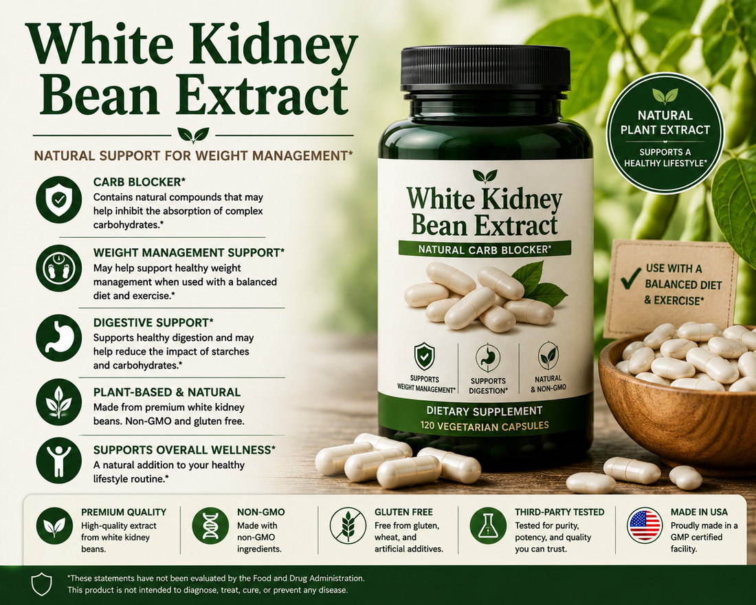 White Kidney Bean Extract capsules and white kidney beans supporting carbohydrate metabolism, weight management goals, and overall wellness.