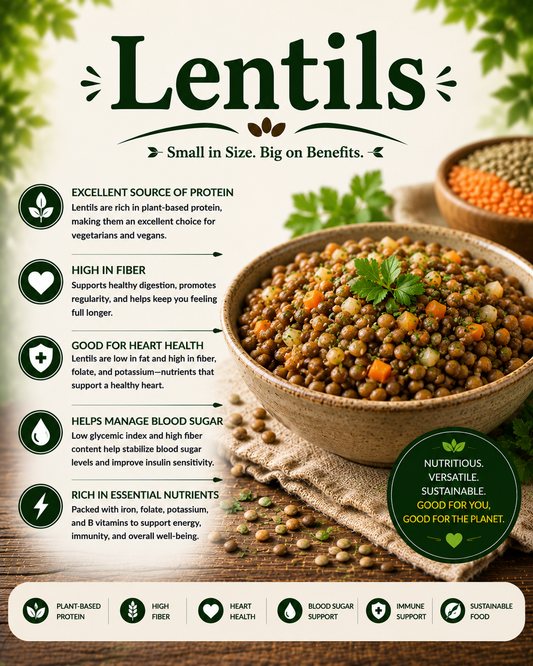 Colorful lentils showcasing their plant protein, fiber, vitamins, minerals, antioxidants, and wellness-supporting nutritional benefits.