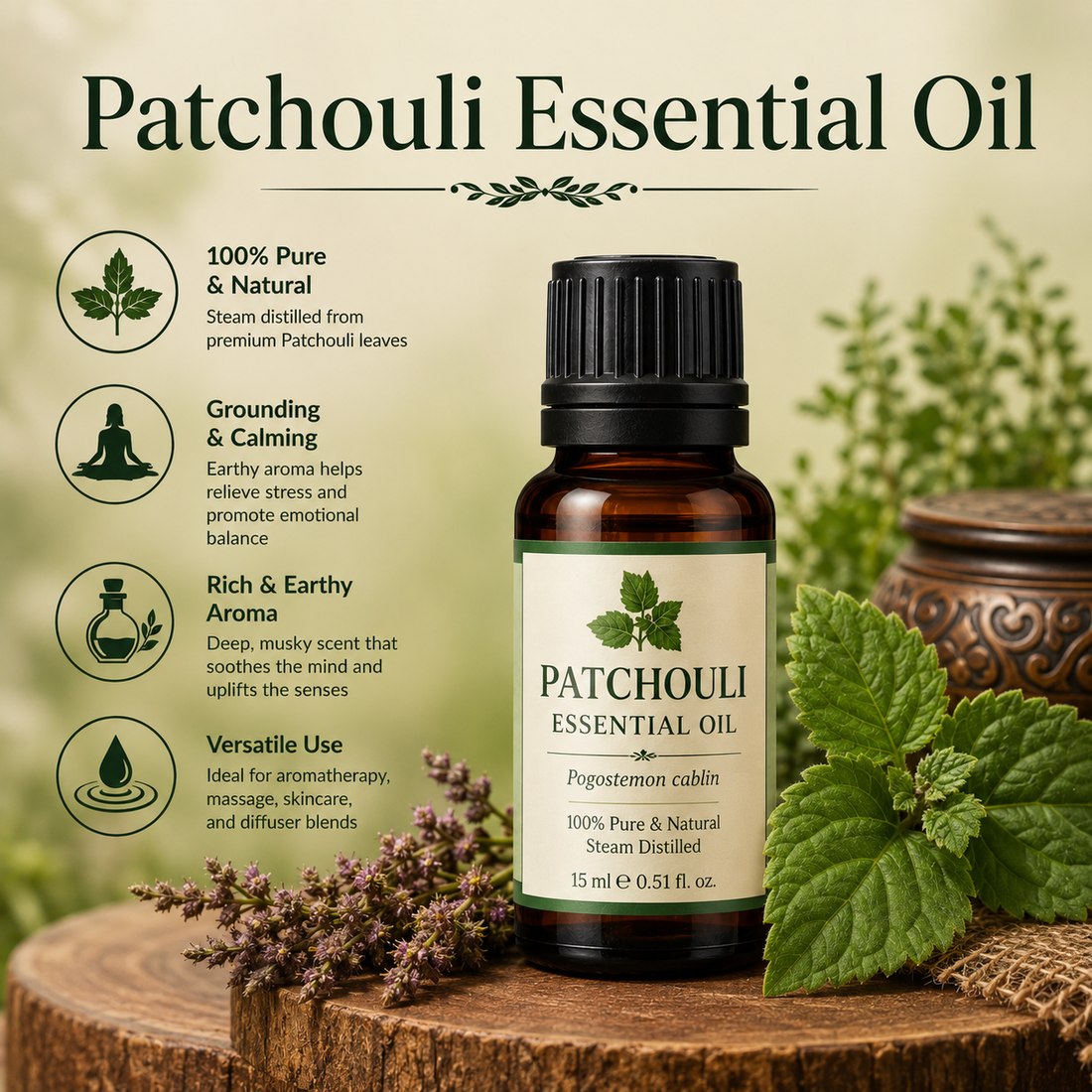 Patchouli essential oil bottle with fresh patchouli leaves showcasing its rich earthy aroma, natural aromatic compounds, aromatherapy applications, and wellness-supporting benefits.