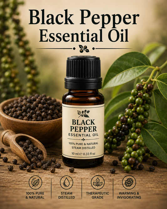 Black pepper essential oil bottle with black peppercorns showcasing its warm spicy aroma, natural aromatic compounds, aromatherapy applications, and wellness-supporting benefits.