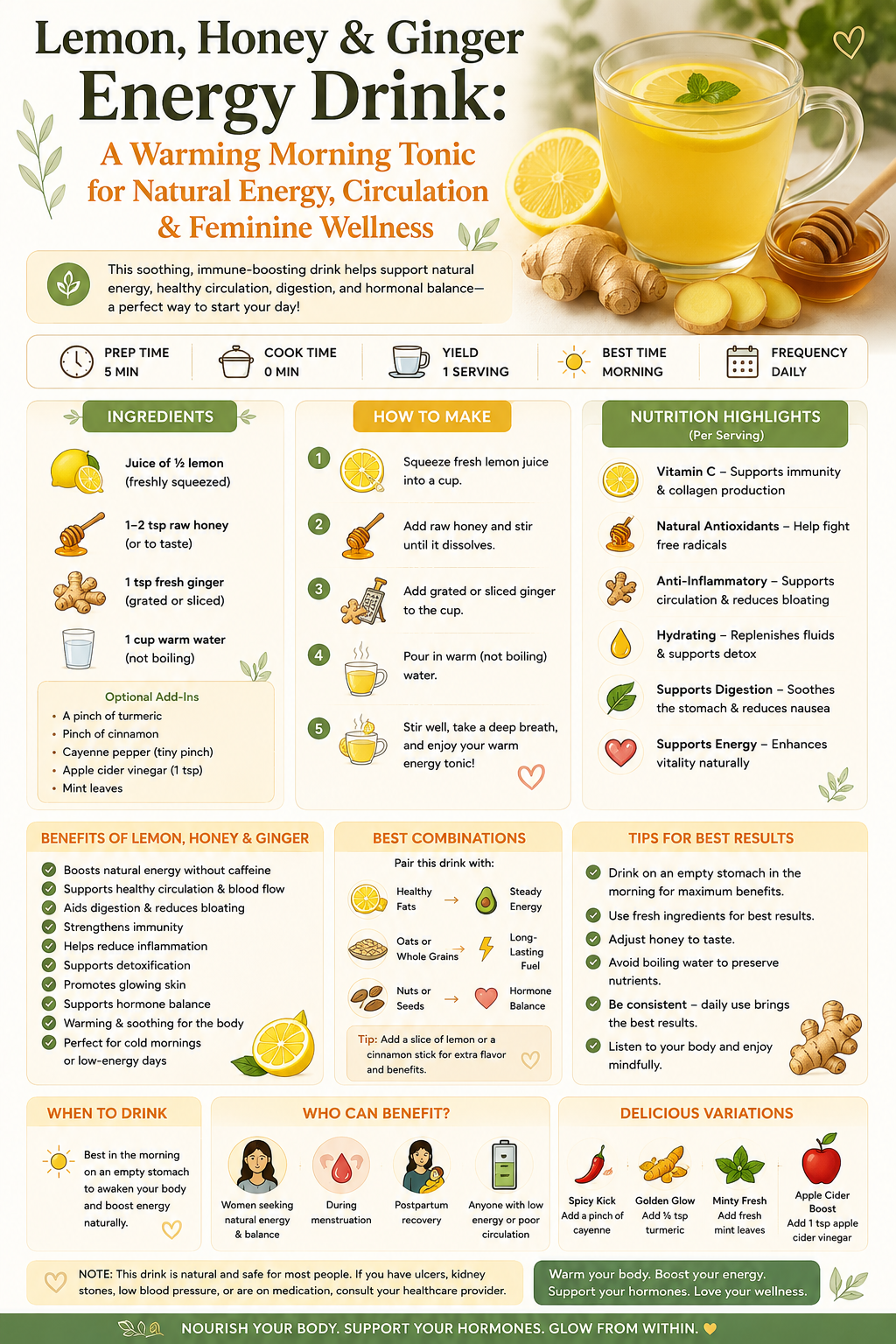 Warm mug of lemon honey ginger water with lemon slices, fresh ginger root, and honey drizzle on a wooden board for women's morning wellness
