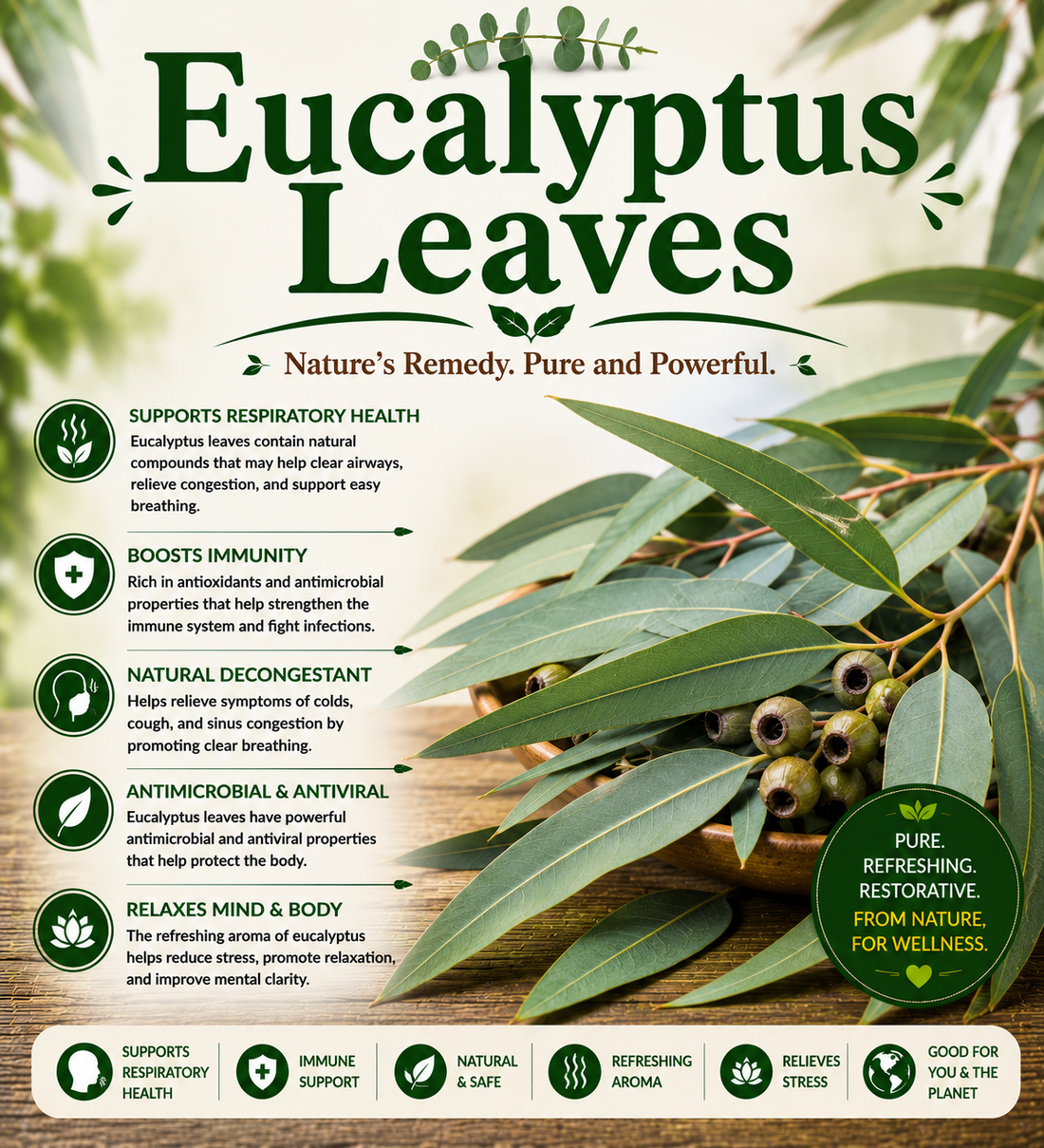 Fresh eucalyptus leaves showcasing their aromatic oils, antioxidants, traditional herbal uses, and wellness-supporting plant compounds.