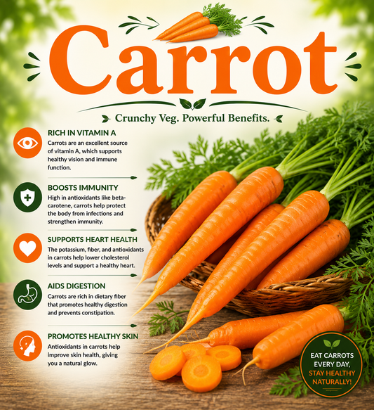 Fresh orange carrots showcasing their beta-carotene, vitamin A, fiber, antioxidants, and wellness-supporting nutritional benefits