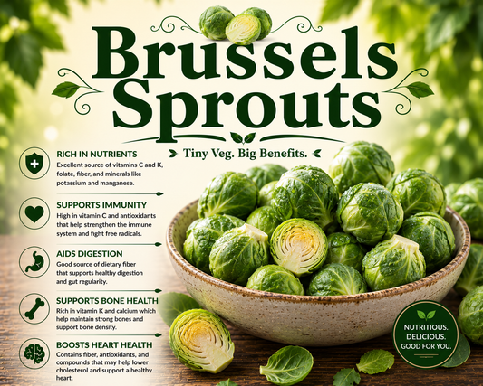 Fresh Brussels sprouts showcasing their fiber, vitamin C, vitamin K, antioxidants, and wellness-supporting nutritional benefits.
