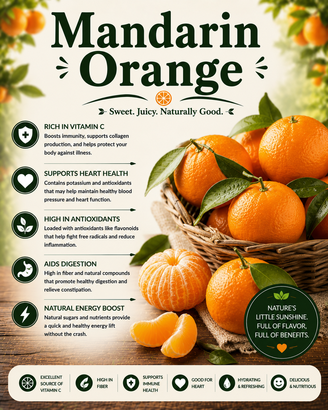 Fresh mandarin oranges showcasing their vitamin C, antioxidants, fiber, hydration benefits, and wellness-supporting nutritional properties.
