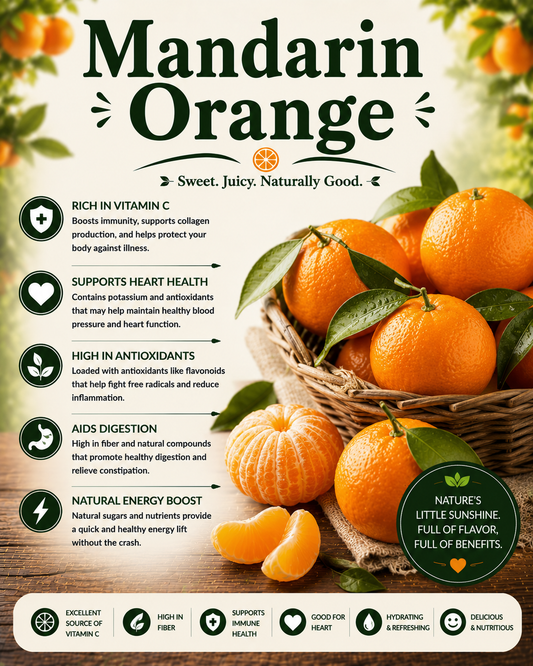 Fresh mandarin oranges showcasing their vitamin C, antioxidants, fiber, hydration benefits, and wellness-supporting nutritional properties.