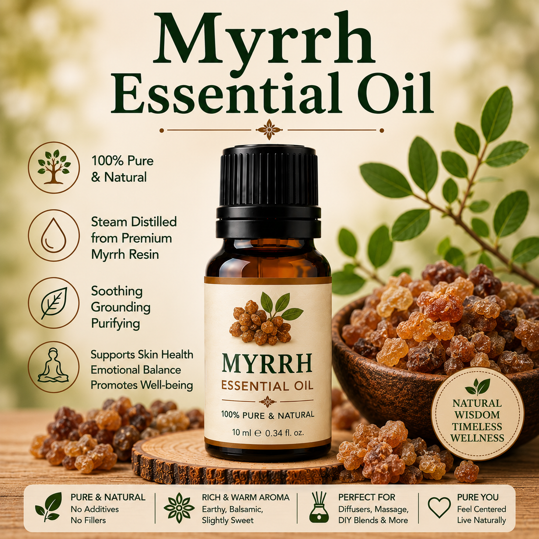Myrrh essential oil bottle with natural myrrh resin showcasing its warm earthy aroma, natural aromatic compounds, aromatherapy applications, and wellness-supporting benefits.