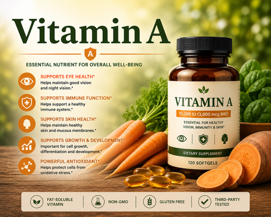 Vitamin A supplement capsules with carrots and sweet potatoes supporting eye health, immune function, skin wellness, and overall health.