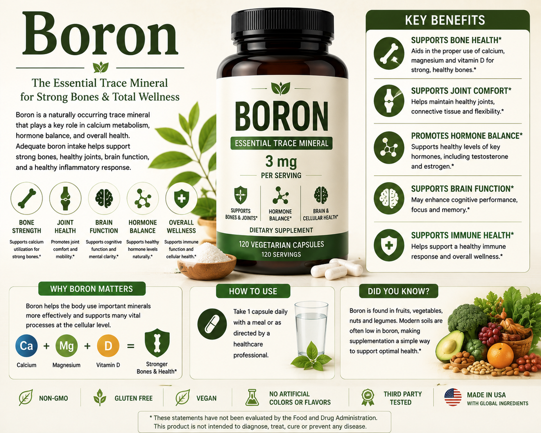 Boron supplement capsules with fruits, nuts, and vegetables supporting bone health, joint wellness, cognitive function, and healthy aging