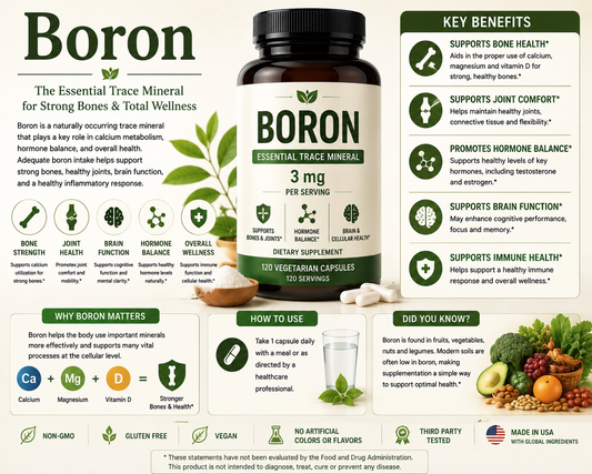 Boron supplement capsules with fruits, nuts, and vegetables supporting bone health, joint wellness, cognitive function, and healthy aging