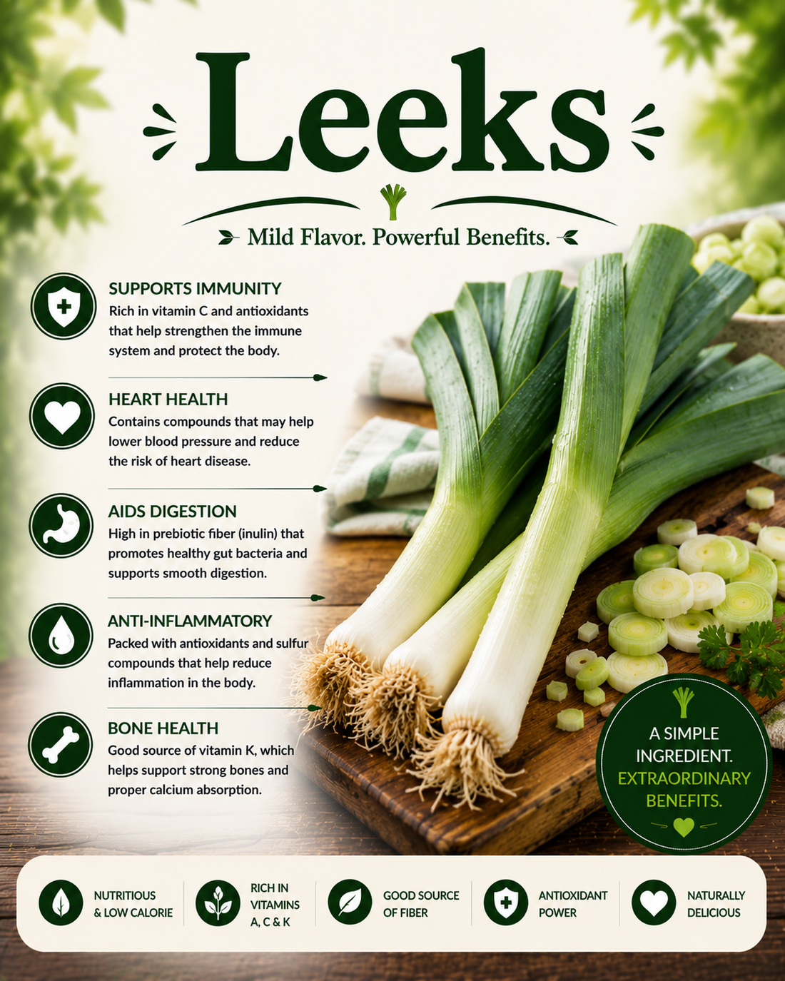 Fresh leeks showcasing their fiber, vitamins, antioxidants, allium plant compounds, and wellness-supporting nutritional benefits.