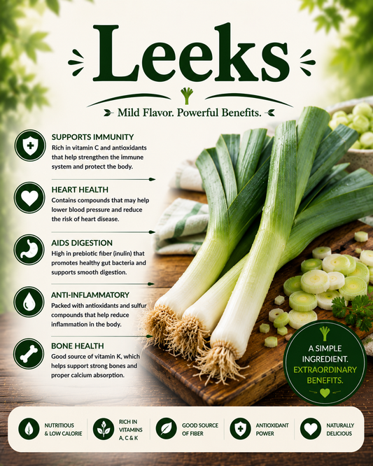 Fresh leeks showcasing their fiber, vitamins, antioxidants, allium plant compounds, and wellness-supporting nutritional benefits.