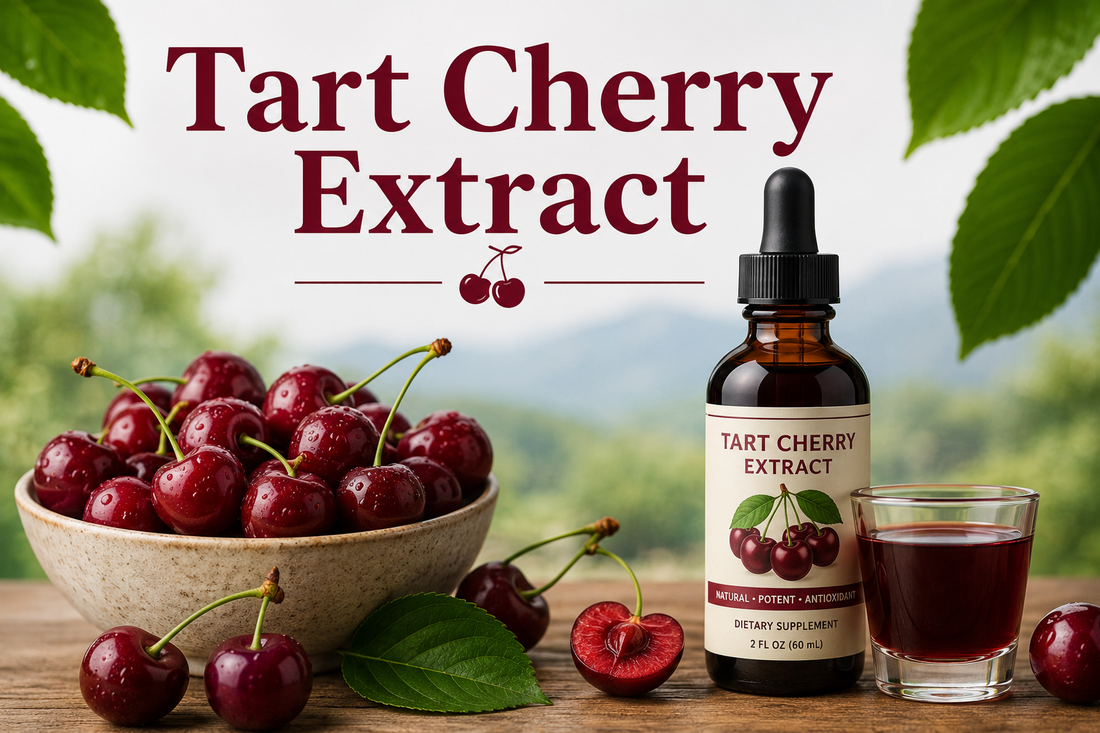 Tart Cherry Extract supplement capsules and tart cherries supporting recovery, sleep quality, antioxidant protection, and joint health