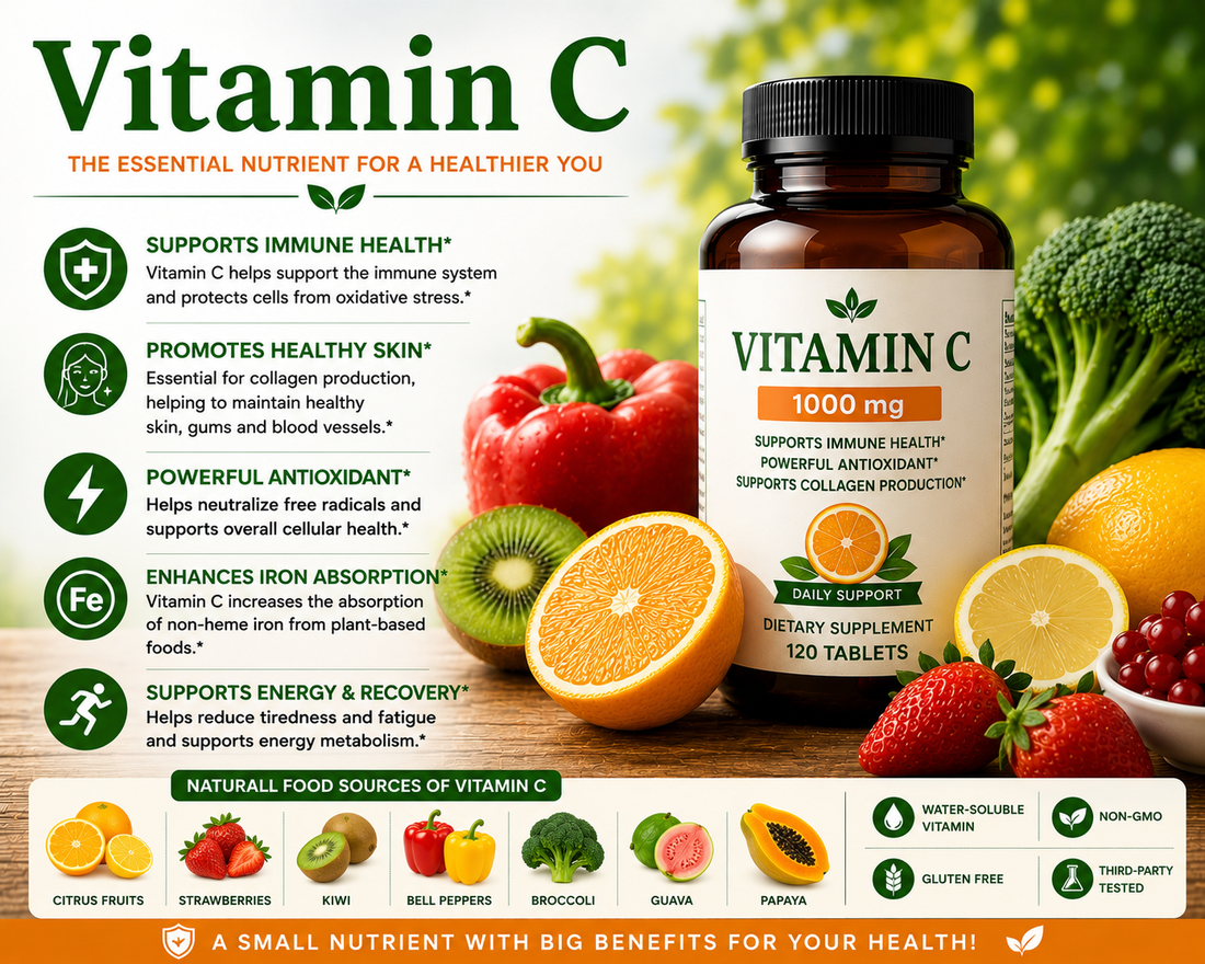 Vitamin C supplement capsules with citrus fruits supporting immune health, collagen production, antioxidant protection, and skin wellness.