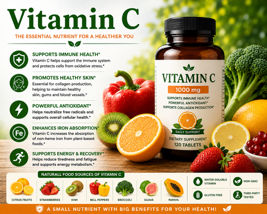 Vitamin C supplement capsules with citrus fruits supporting immune health, collagen production, antioxidant protection, and skin wellness.