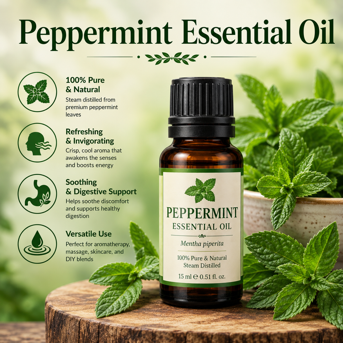 Peppermint essential oil bottle with fresh peppermint leaves showcasing its cool minty aroma, natural aromatic compounds, aromatherapy applications, and wellness-supporting benefits.