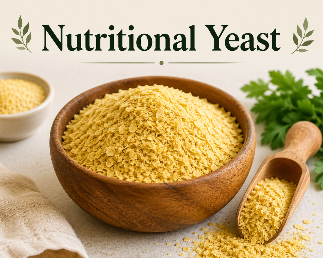Nutritional yeast flakes showcasing their protein, B vitamins, fiber, minerals, savory flavor, and wellness-supporting nutritional benefits.