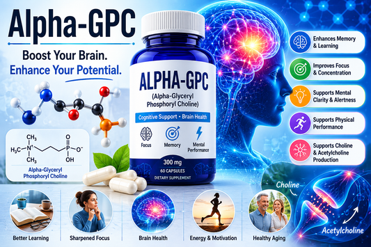 Alpha-GPC supplement capsules supporting memory, focus, learning, cognitive wellness, and brain health.