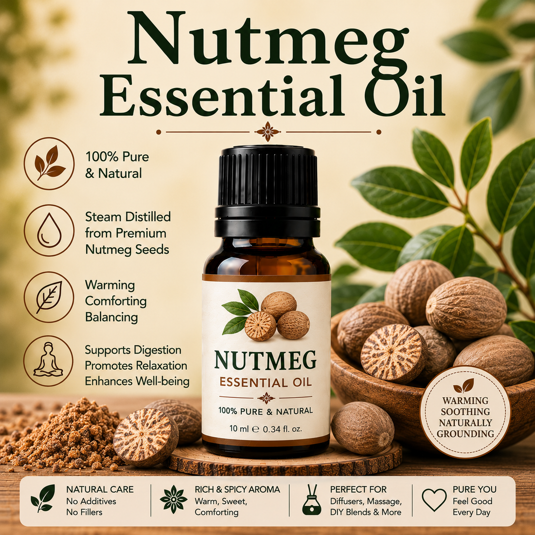 Nutmeg essential oil bottle with whole nutmeg seeds showcasing its warm spicy aroma, natural aromatic compounds, aromatherapy applications, and wellness-supporting benefits.