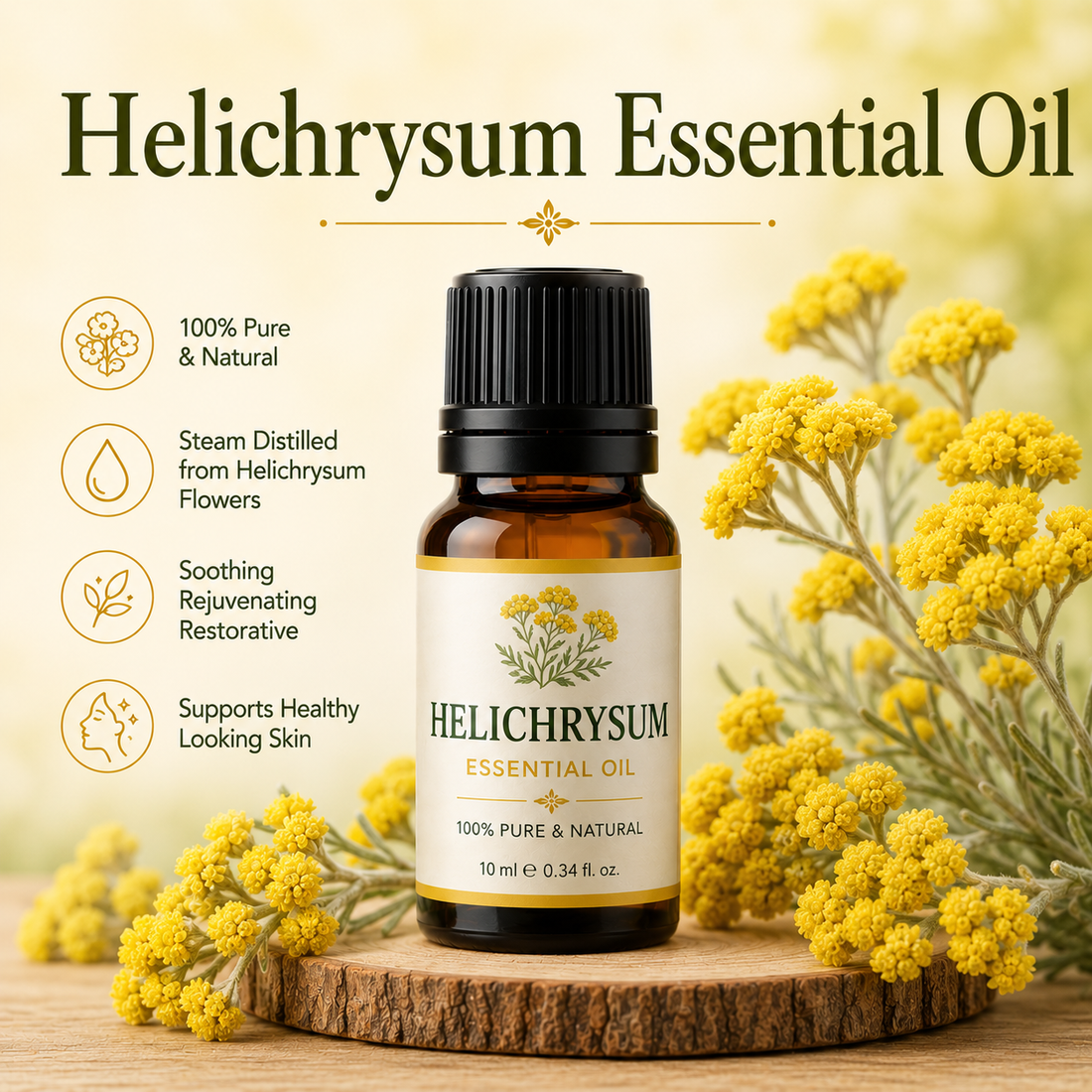 Helichrysum essential oil bottle with golden helichrysum flowers showcasing its rich floral aroma, natural aromatic compounds, aromatherapy applications, and wellness-supporting benefits.