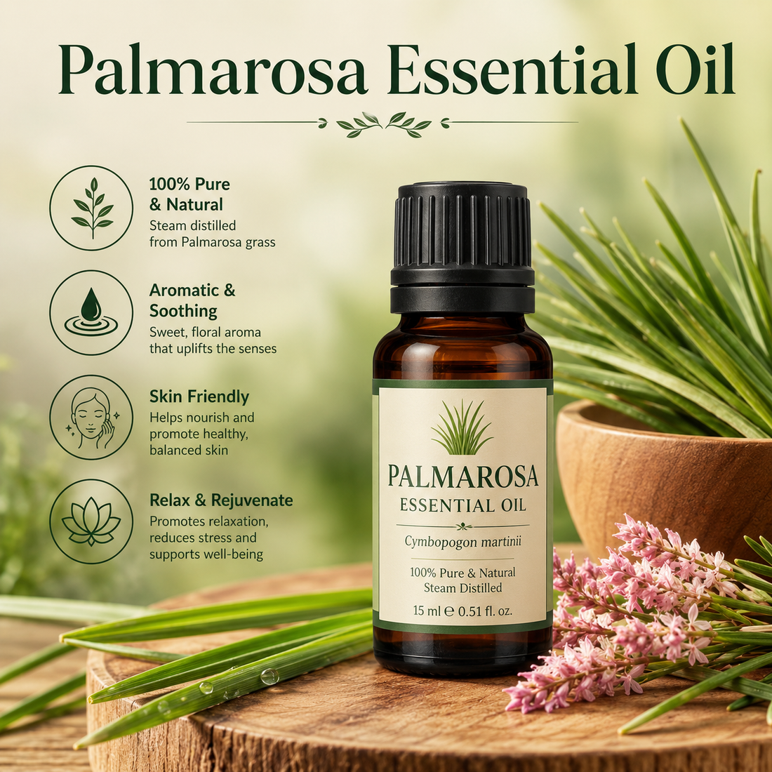Palmarosa essential oil bottle with fresh palmarosa grass showcasing its sweet floral-rose aroma, natural aromatic compounds, aromatherapy applications, and wellness-supporting benefits.