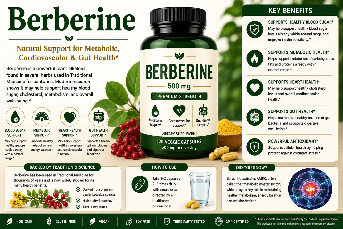 Berberine supplement capsules and barberry plant supporting blood sugar wellness, metabolic health, heart health, digestive wellness, and healthy aging.
