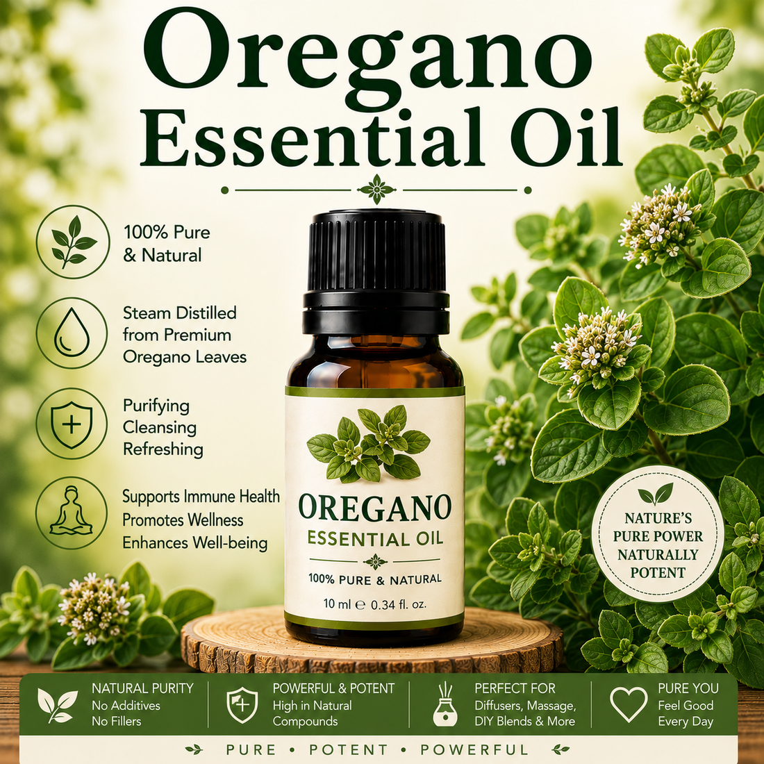 Oregano essential oil bottle with fresh oregano leaves showcasing its bold herbal aroma, natural aromatic compounds, aromatherapy applications, and wellness-supporting benefits.