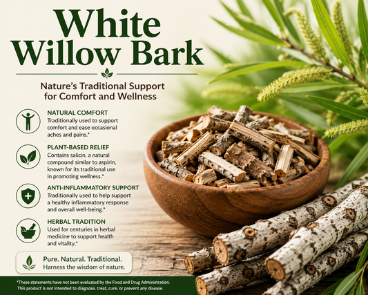White Willow Bark capsules and dried willow bark pieces supporting comfort, joint wellness, antioxidant protection, and overall well-being.